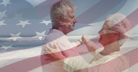 Senior Couple Dancing at Beach with USA Flag Overlay