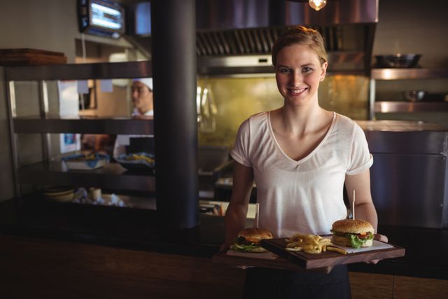 Portrait of beautiful woman holding burger and french fries in a tray at restaurant 