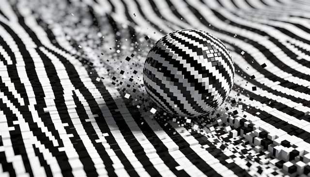 Rolling checkered orb compressing wavy pixel field with cubic debris monochrome digital render