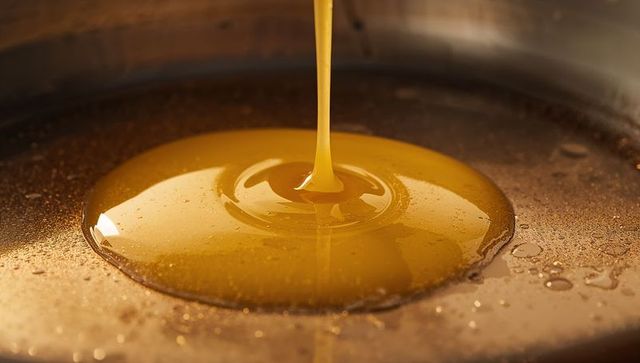 Pouring Golden Syrup Forming Glossy Amber Pool on Hot Skillet Macro Culinary Close-Up