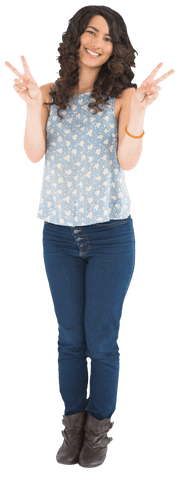 Caucasian Woman Making Peace Signs on Transparent Background