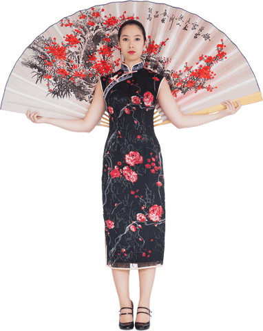 elegant woman in embroidered cheongsam dress holding transparent silk fan - Download Free Stock Videos Pikwizard.com