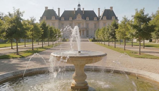 Spouting stone fountain at grand neoclassical mansion with tree-lined gravel avenue