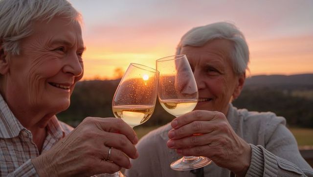 Senior women toasting white wine at sunset on terrace balcony celebrating companionship