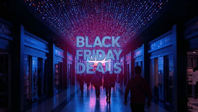 Walking shoppers under neon black friday deals marquee in mall corridor