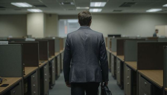Walking businessman carrying briefcase down dimly lit cubicle aisle