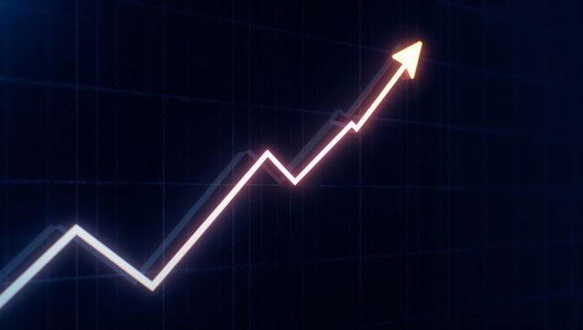 Climbing neon arrow chart signaling rising data and financial growth on dark analysis grid