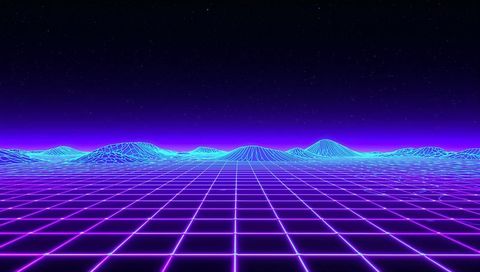 Retro neon grid stretching to vanishing point with cyan wireframe hills and violet glow