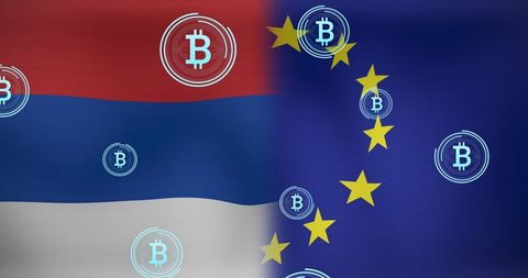 Bitcoin symbols overlaying serbian and eu flags symbolizing digital economy