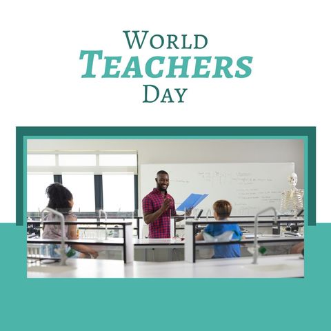 World teachers day celebratory poster with enthusiastic class