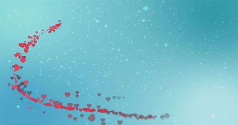 Curving trail of red and charcoal hearts sweeping across teal aqua bokeh gradient