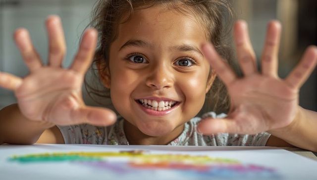 Smiling girl reaching hands toward camera showing colorful kid painting on table playful closeup