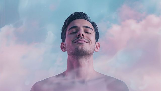Serene Man in Cloudy Pastel Atmosphere Embracing Tranquility