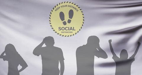 Silhouettes with Social Distancing Message on Textile Background