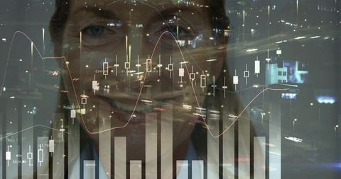 Gazing senior businesswoman overlaying candlestick charts and bar graphs over night highway