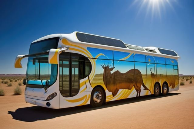 Solar-powered bus displaying large desert animal mural standing in arid desert with clear blue sky and sunlight overhead. Useful for emphasizing sustainable transportation, renewable energy, environmental themes, modern travel innovations, or illustrating linkage between wildlife and eco-friendly technology.