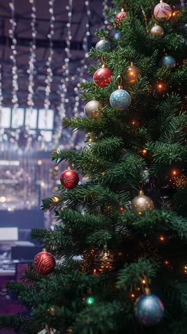 Panning camera revealing decorated Christmas tree in cozy cafe with glowing baubles