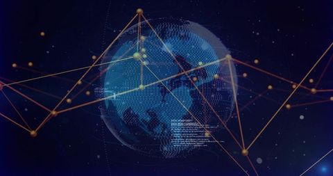 Rotating digital point cloud globe with glowing nodes and intersecting network lines, neon