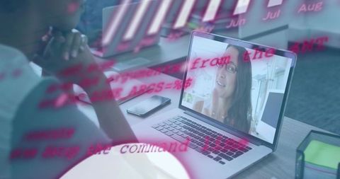 Remote collaboration on laptop with woman video calling and data overlay, modern workspace
