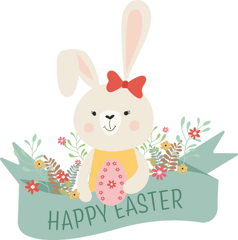 Happy Easter Bunny Holding Decorated Egg with Floral Background