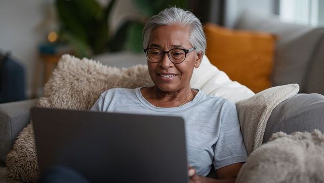 Senior woman using laptop on cozy sofa, smiling during video call and online learning