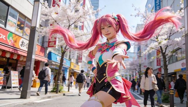 Vibrant pink-haired asian cosplayer reaching out on cherry blossom street in teal-gold outfit