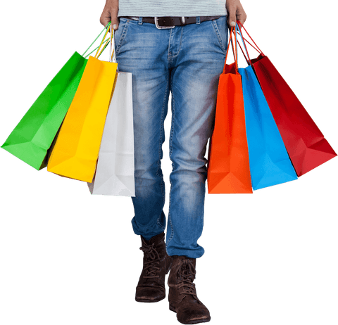 Lower half of man carrying colorful shopping bags on transparent background