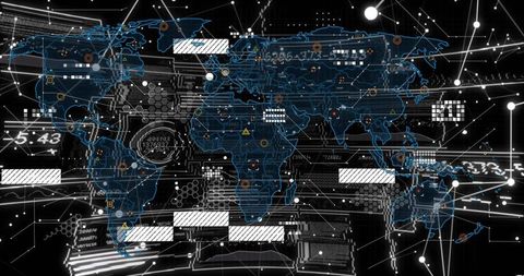Global network dashboard showing digital world map with circuit traces, nodes, analytics