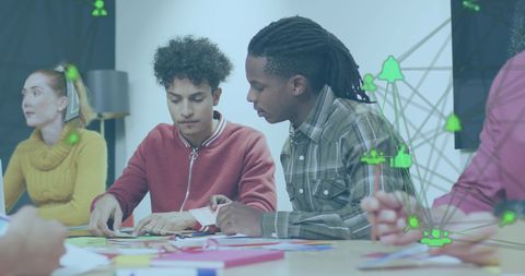 Colleagues brainstorming with global connectivity concept overlay