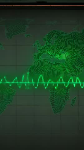 Vertical Waveform Pulse Mapping Across Digital World Map with Grid Overlay Futuristic Interface