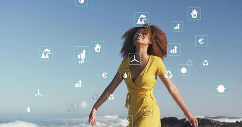 Joyful Woman Embracing Eco-Friendly Lifestyle by Sea