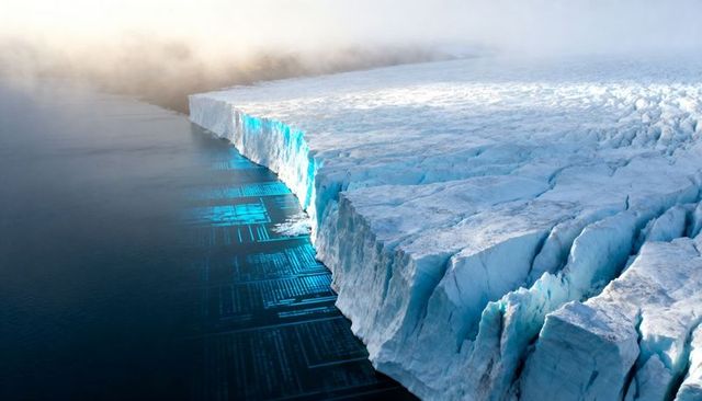 Glowing digital ice shelf revealing turquoise calving cliff and neon ocean grids