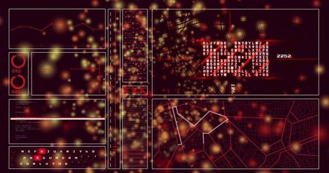 Cybersecurity dashboard showing heatmap, dotted map routes, alphanumeric code, ui panels