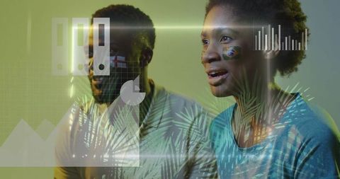 Enthusiastic fans with painted faces engaging in digital experience