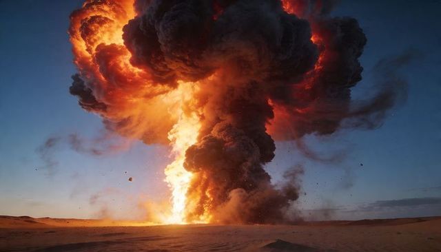 Mushroom cloud erupting over desert with raging fire column and flying embers