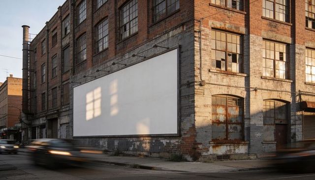 Blank billboard on weathered brick factory wall with motion-blur traffic at sunset