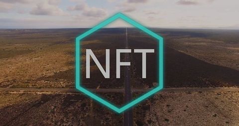 Floating Hexagon with NFT on Desert Road, Abstract Tech Vibe