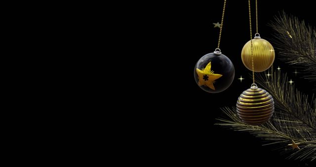 Elegant Black and Gold Christmas Baubles on Branch - Download Free Stock Images Pikwizard.com