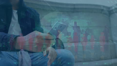 Caucasian Man Using Smartphone with Financial Data Transitional Overlay