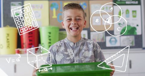 Cheerful schoolboy learning math with recycling concept