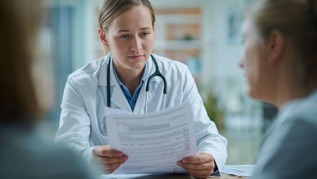 Compassionate Female Doctor Reading Medical Forms During Patient Consultation