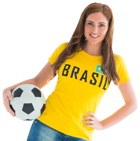 Smiling woman holding soccer ball in brasil shirt transparent background