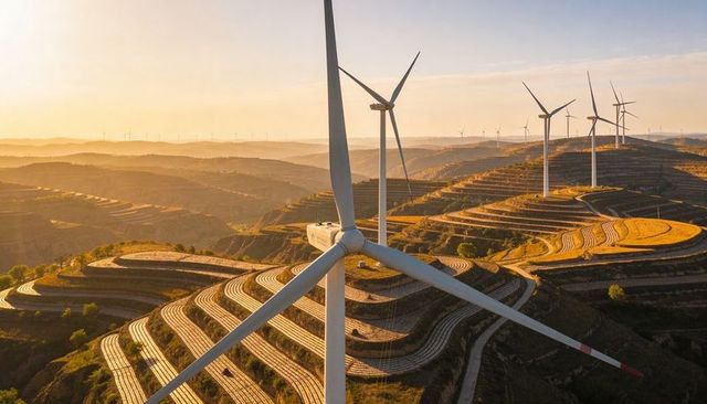 Golden-hour wind farm over terraced farmland showing giant turbines dominating ridgescape