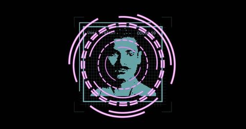 Cyberpunk biometric face scan hud neon rings pixel-art male-portrait access interface