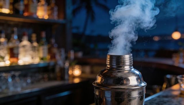 Cocktail shaker releasing billowing vapor on moody backlit bar counter at night