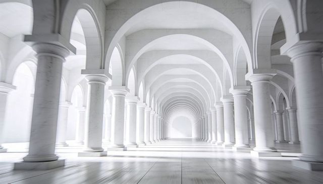 Endless white colonnade with marble columns and semicircular arches creating vast perspective