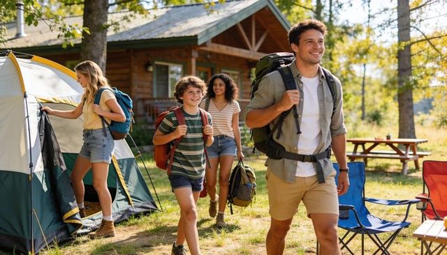 Family hiking to cabin campsite with dome tent and backpacks on sunny forest meadow