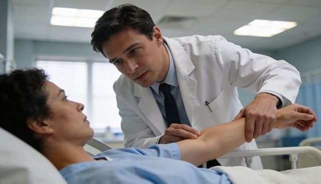 Male physician examining patient's forearm in hospital bed during bedside clinical assessment