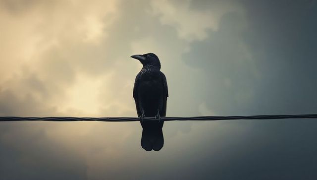 Solitary Crow Perching on Wire Against Dusk Sky