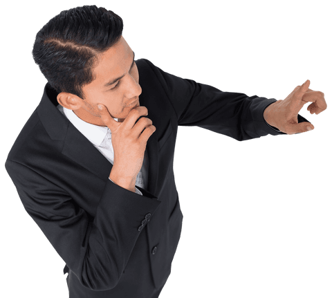 Caucasian businessman pointing finger on transparent background